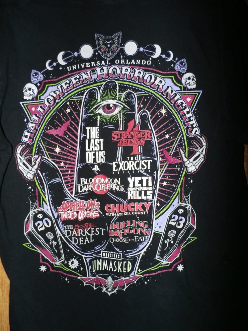 Orlando Halloween Horror Nights HHN 2023 Tee Shirt All Houses Med